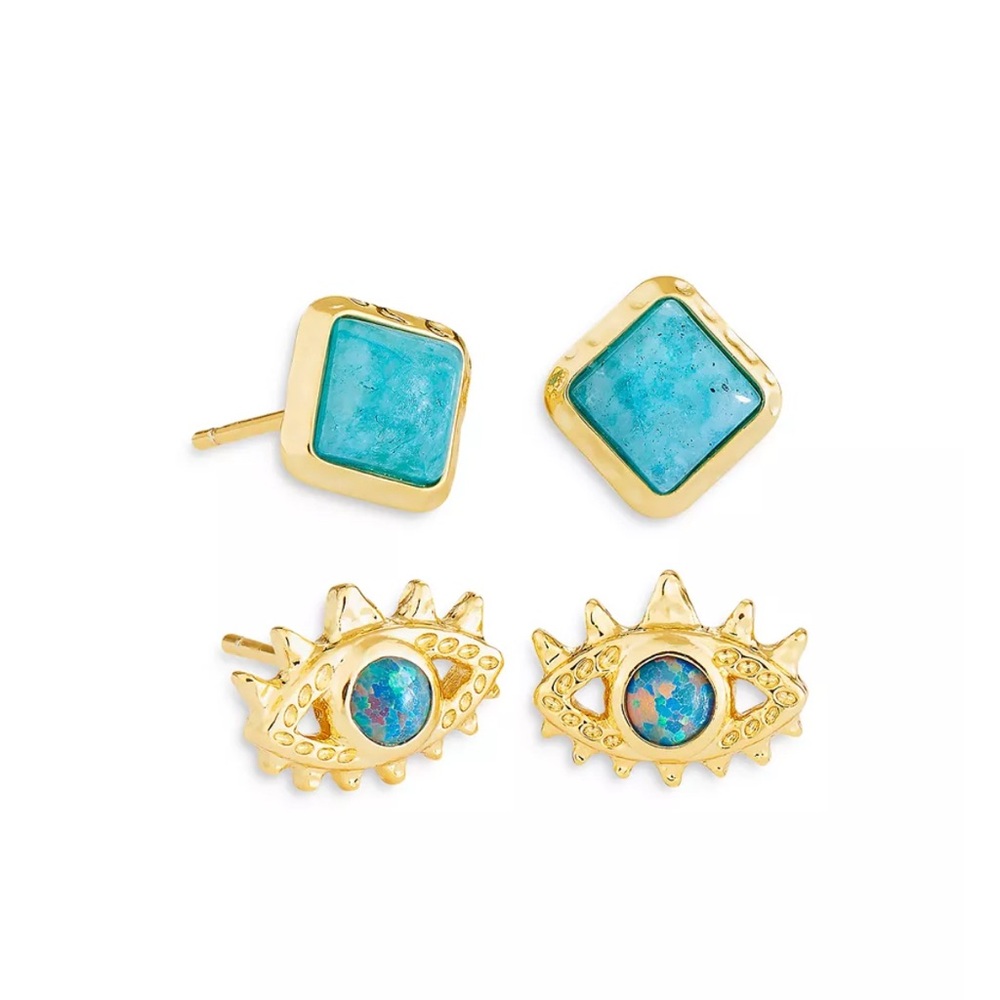 NWT Kendra Scott Gold and Turquoise Eye Stud Earrings Set
